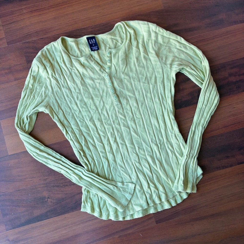 Vintage Y2K Preppy Tumblr Emo Lime Green Ribbed Long Sleeve Henley 100% Cotton